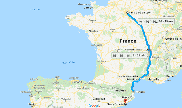Mapa da viagem de trem de Paris a Barcelona