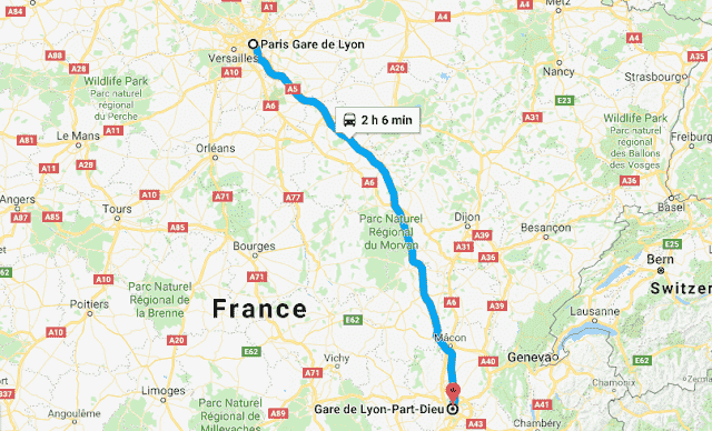 Mapa da viagem de trem de Paris a Lyon