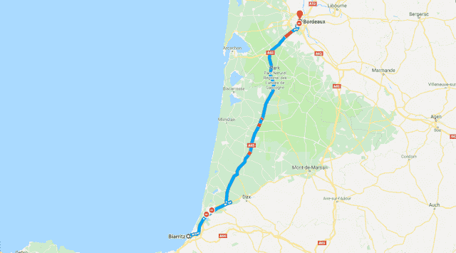 Mapa roteiro de carro na França - Biarritz a Bordéus