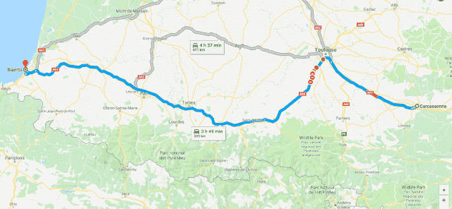 Mapa roteiro de carro na França - Carcassonne a Biarritz
