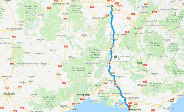 Mapa roteiro de carro na França - Lyon a Marselha