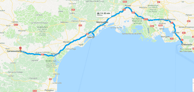 Mapa roteiro de carro na França - Marselha a Sète e Carcassonne