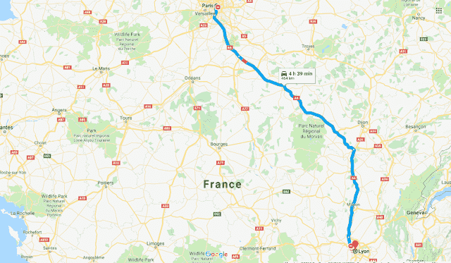 Mapa roteiro de carro na França - Paris a Lyon