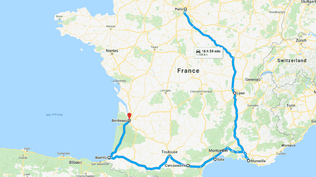Mapa do roteiro de carro pela França