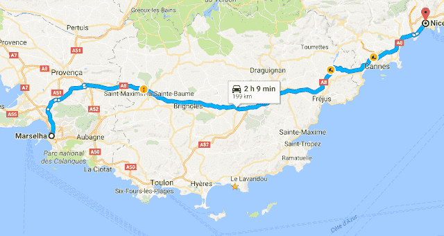 Mapa da viagem de carro de Marselha a Nice