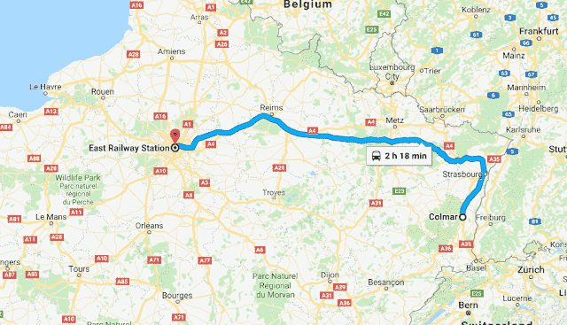 Mapa da viagem de trem de Colmar a Paris