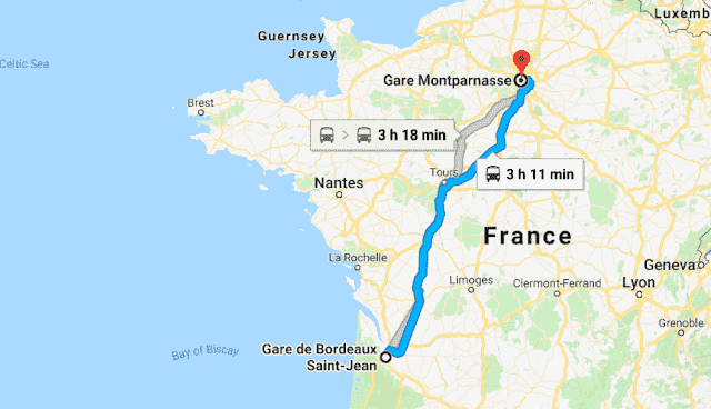 Mapa da viagem de trem de Paris a Bordeaux
