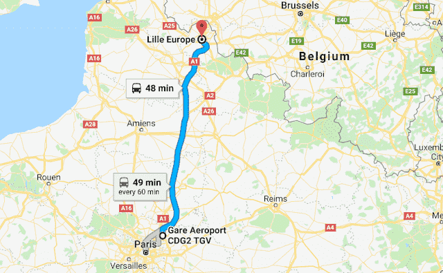 Mapa da viagem de trem do aeroporto de Paris a Lille