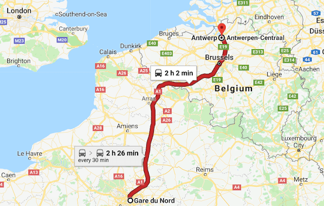 Mapa da viagem de trem de Paris a Antuérpia