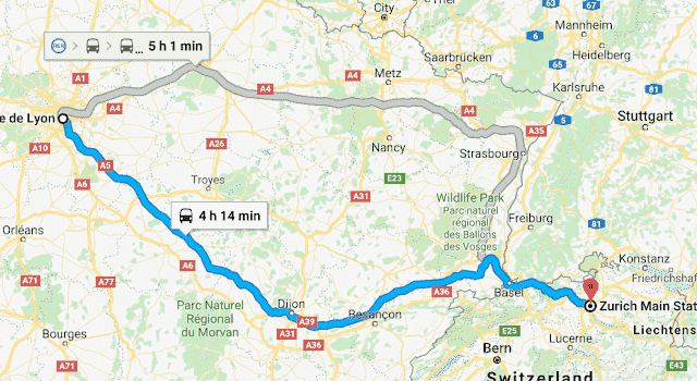 Mapa da viagem de trem de Paris a Zurique