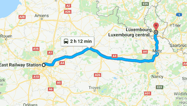 Mapa da viagem de trem de Paris a Luxemburgo