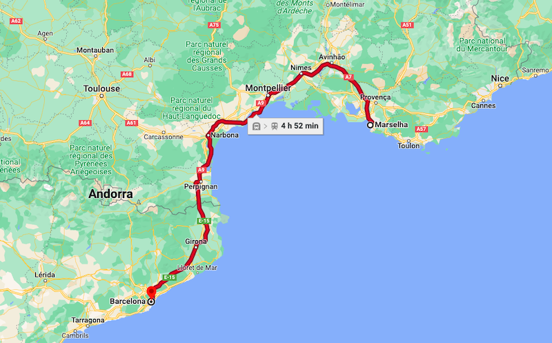 Mapa da viagem de trem de Marselha a Barcelona