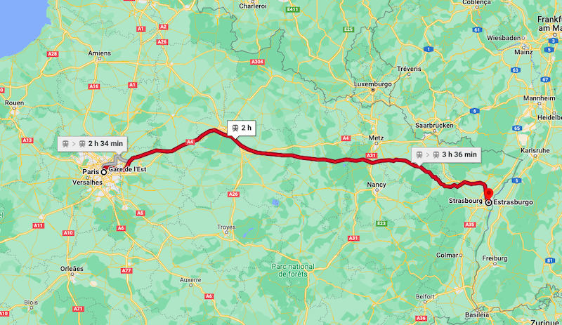 Mapa da viagem de trem de Paris a Estrasburgo
