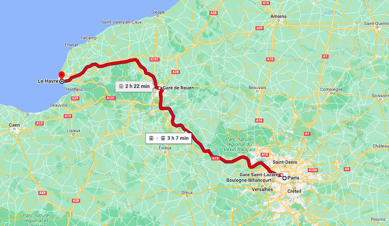 Mapa da viagem de trem de Le Havre a Paris