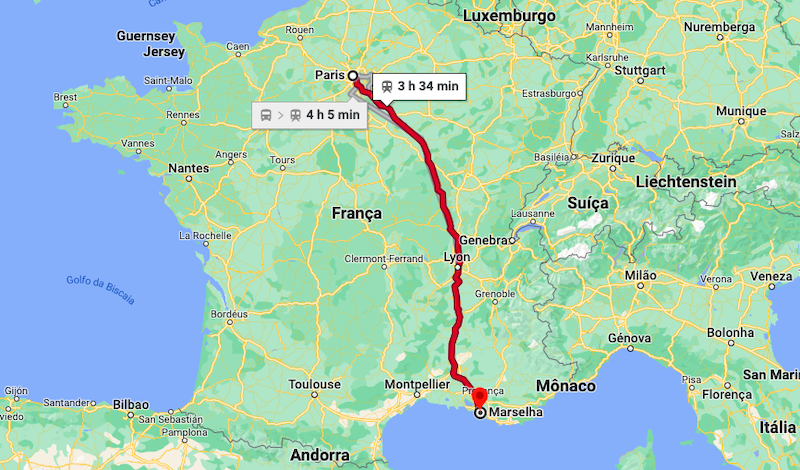 Mapa da viagem de trem de Paris a Marselha