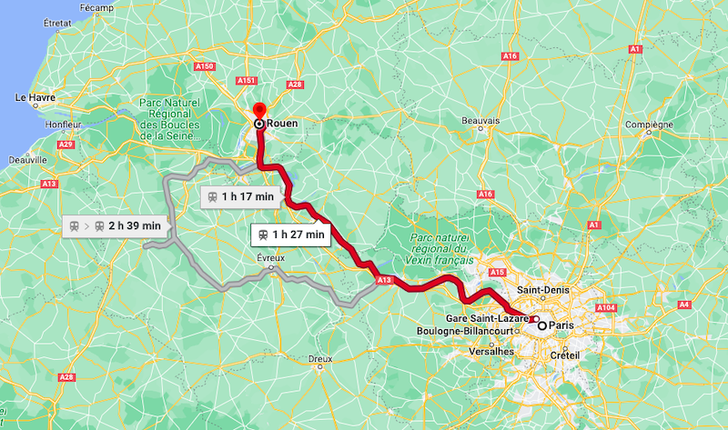 Mapa da viagem de trem de Rouen a Paris