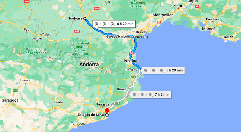 Mapa da viagem de trem de Toulouse a Barcelona