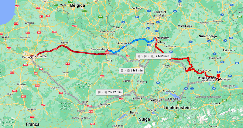 Mapa da viagem de trem de Paris a Munique