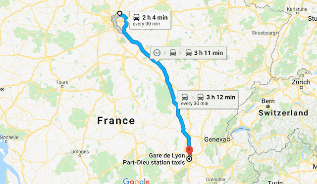 Mapa da viagem de trem do aeroporto de Paris a Lyon