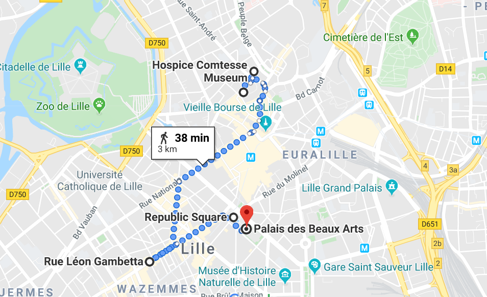 Mapa do roteiro de um dia em Lille