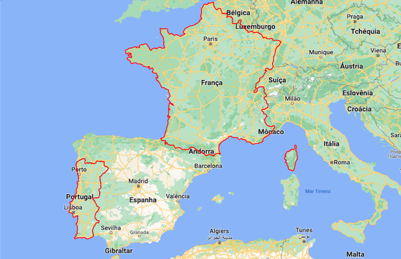Mapa da França e Portugal