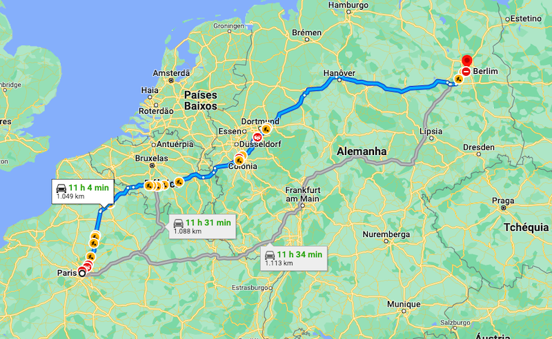 Mapa da viagem de carro de Paris a Berlim