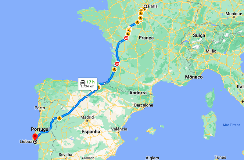 Mapa da viagem de carro de Paris a Lisboa
