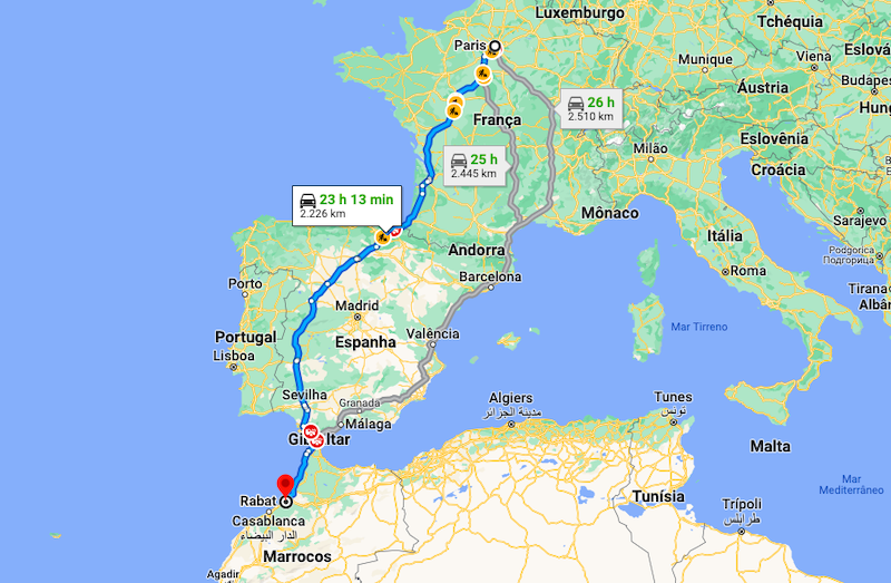 Mapa da viagem de carro de Paris a Rabat