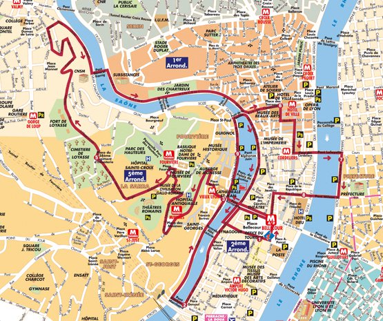 Mapa do ônibus turístico em Lyon