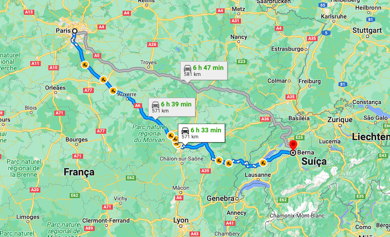 Mapa da viagem de carro de Paris a Berna